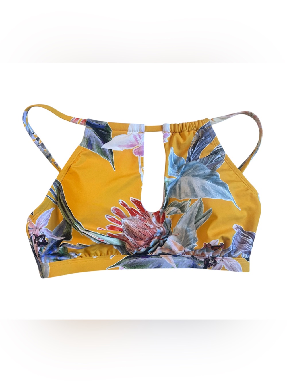 NWOT AMAVI Yellow Tropical Floral Cutout One-Shoulder Bikini Top Size S